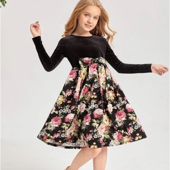 Girls Floral Print Big Bow Front Combo Dress - Picture 2 of 3